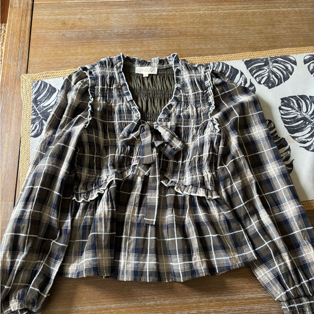Listicle Plaid Ruffle Top in Blue and Brown